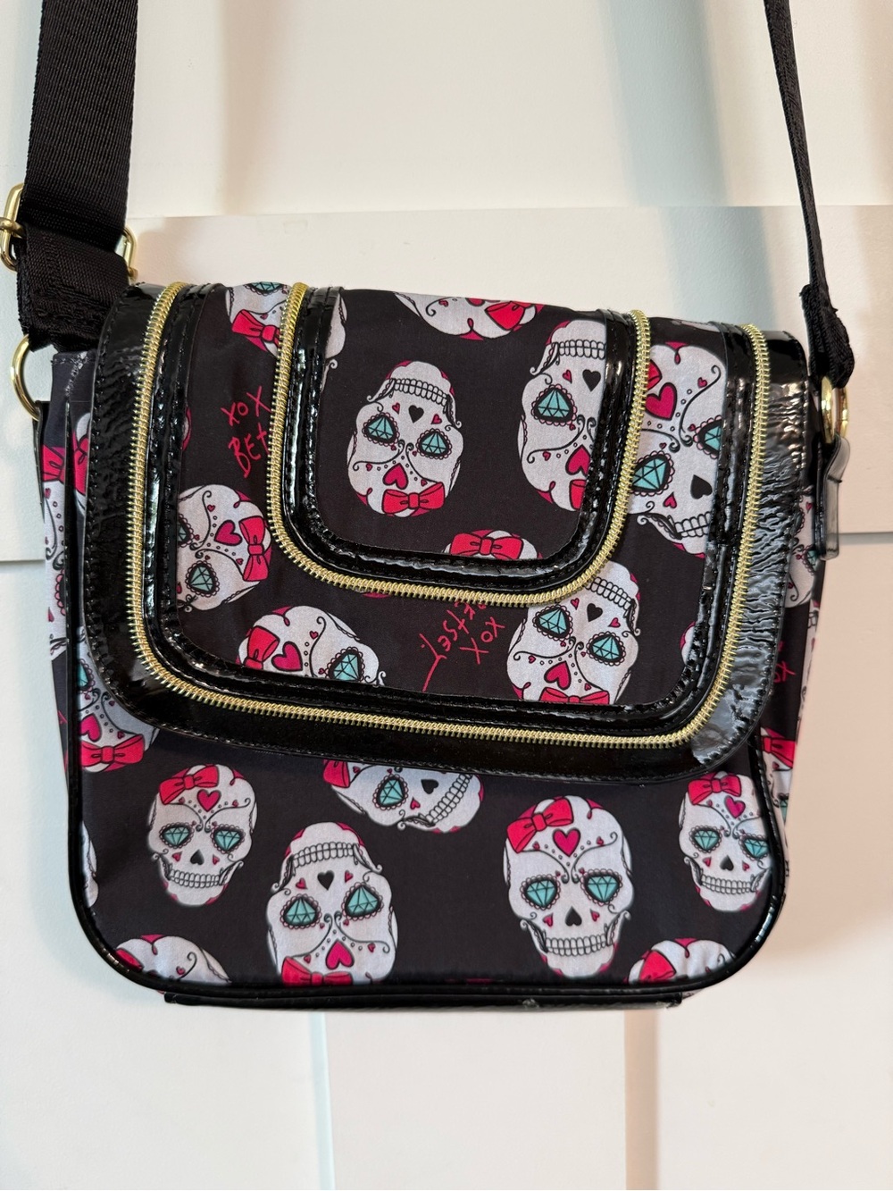 Betsey Johnson Black Crossbody with Pink and Teal Sugar Skull Print